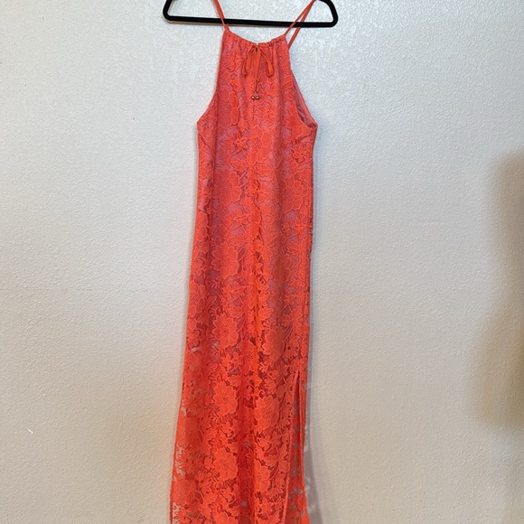 Trina Turk Coral Lace Halter Maxi Dress Summer Wedding Guest Cocktail Party - Picture 4 of 8